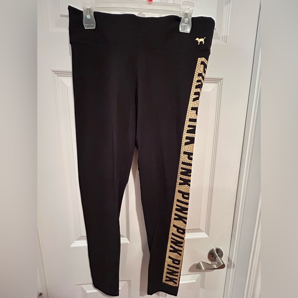 Pink Yoga Victoria's Secret Black and Gold Leggings with Side Stripe